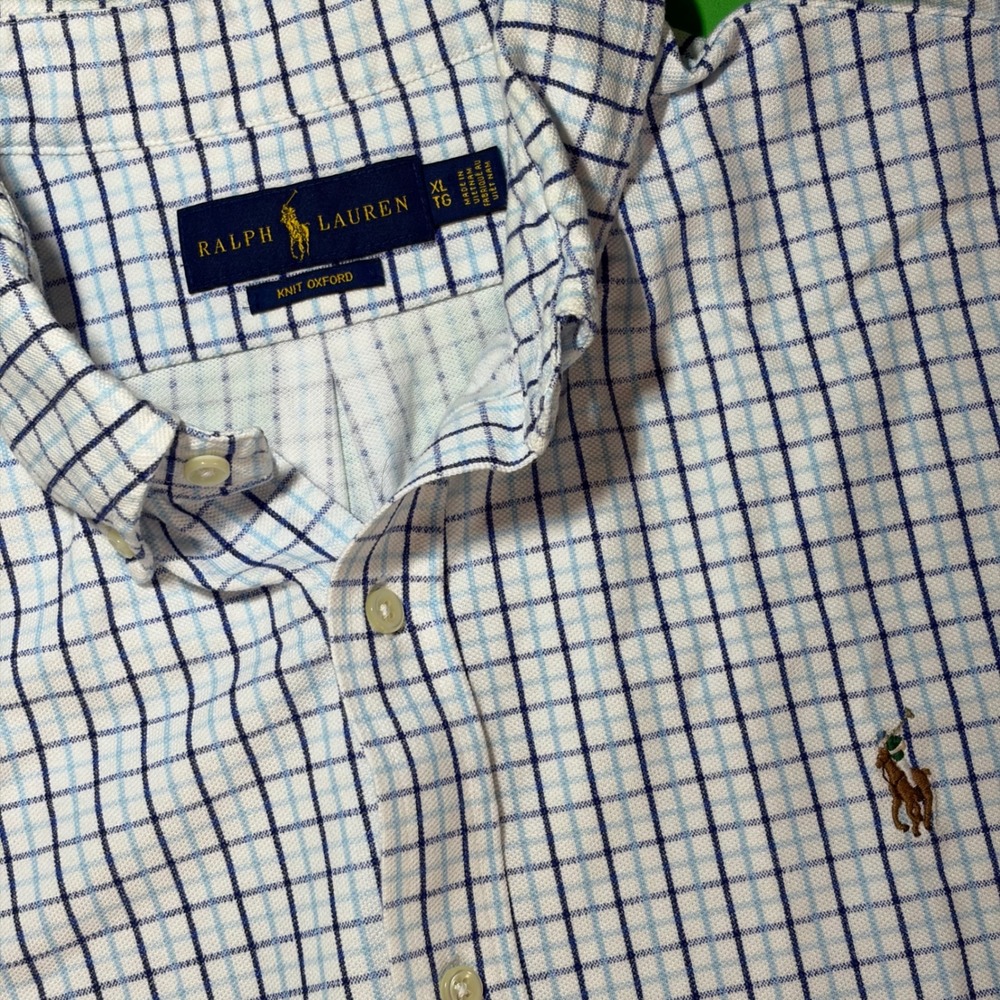 Ralph Lauren Knit Oxford Mens XL Blue White Tattersall Check S/S Button Up Shirt